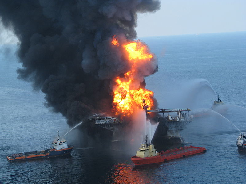 The off-shore oil rig Deepwater Horizon ablaze in the Gulf of Mexico